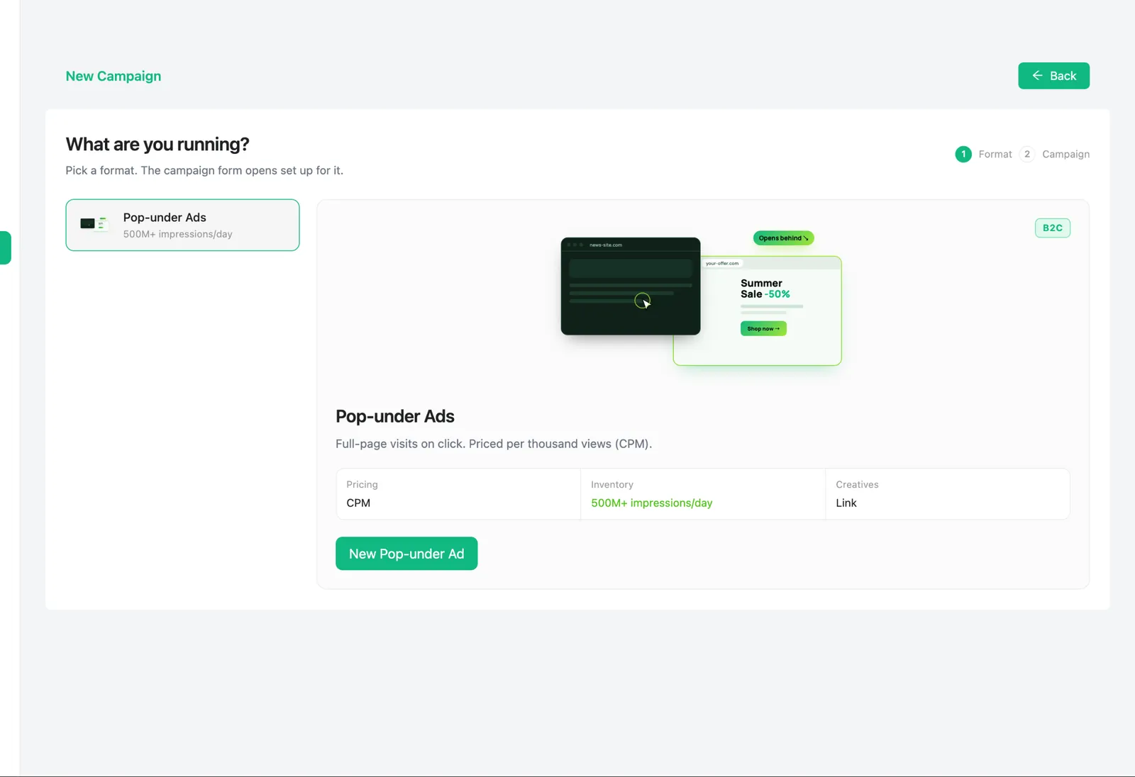 Choosing the Pop-under Ads format with live inventory in the Pop-Under panel