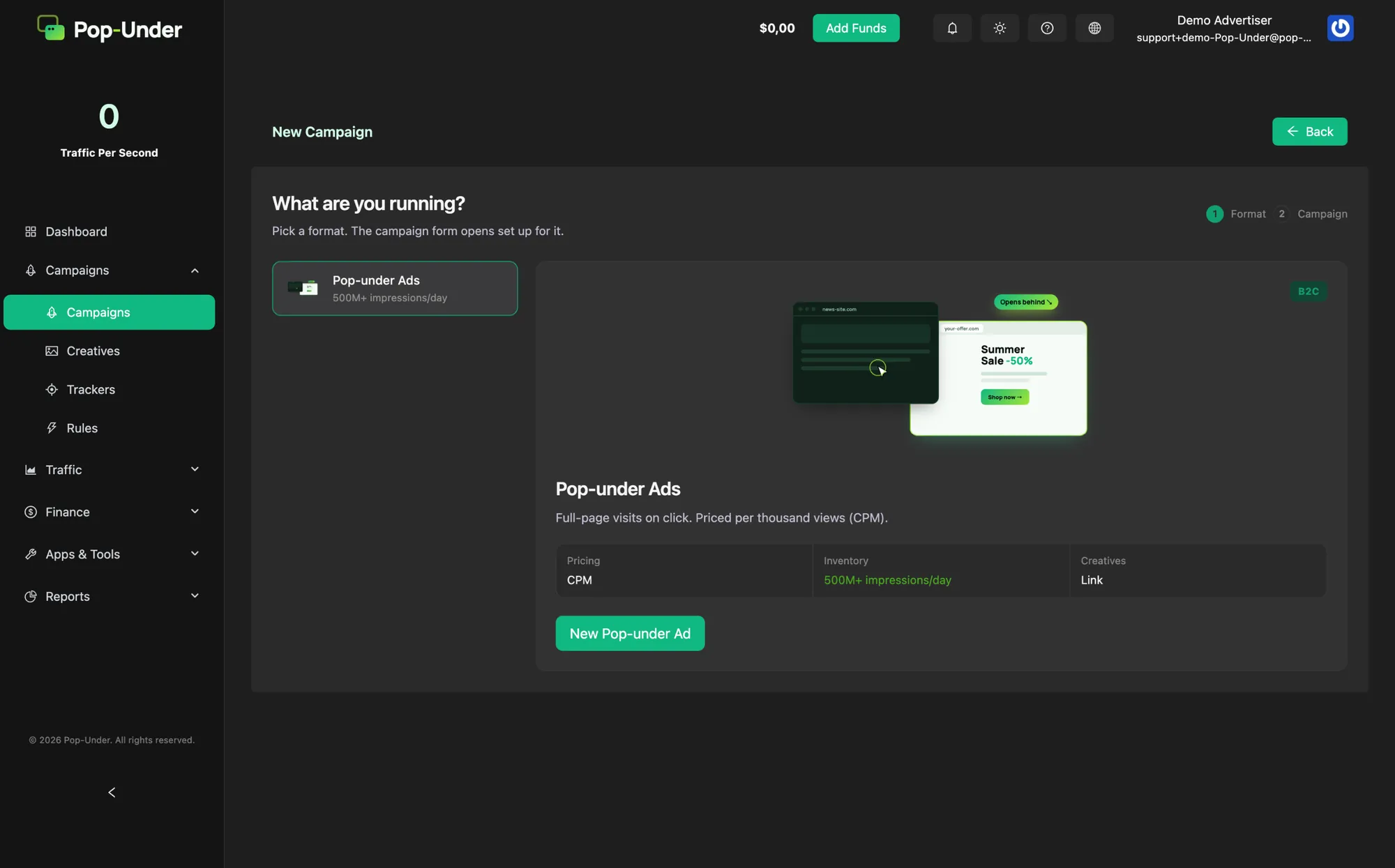 Pop-Under advertiser panel: Choosing the Pop-under format in dark mode